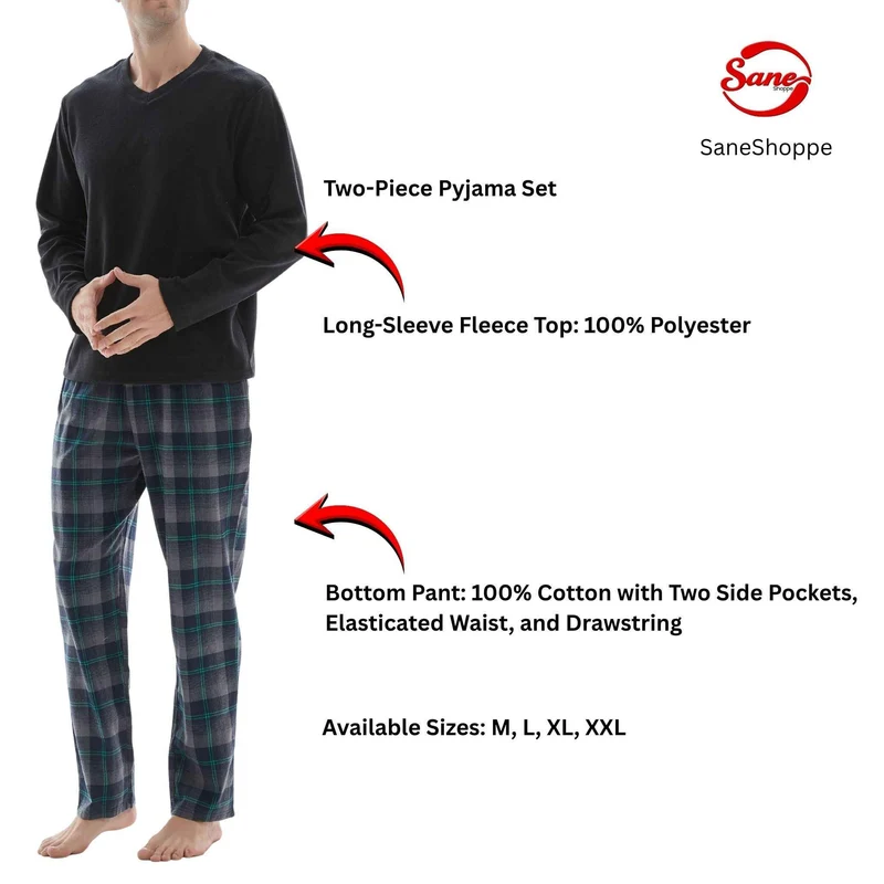 Herren-Pyjama mit Karomuster, Loungewear-Oberteil aus Fleece und Hose aus Baumwolle