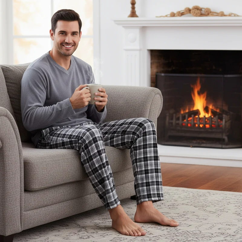 Herren-Fleece-Pyjama-Sets: Erleben Sie unvergleichlichen Komfort mit unserem kuscheligen grauen Oberteil und der schwarzen Baumwollhose.
