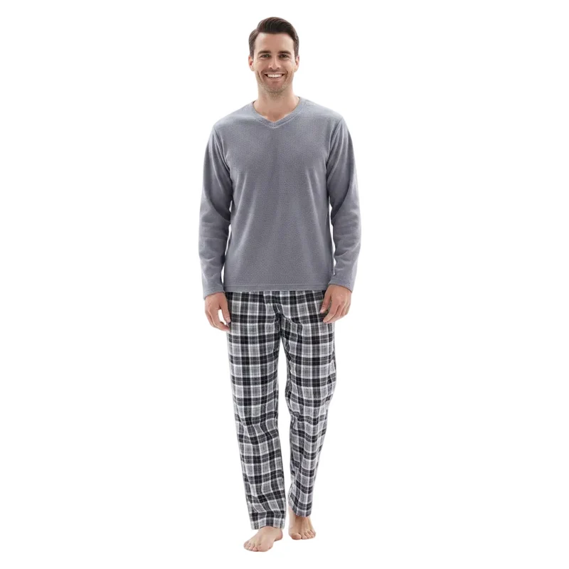Herren-Fleece-Pyjama-Sets: Erleben Sie unvergleichlichen Komfort mit unserem kuscheligen grauen Oberteil und der schwarzen Baumwollhose.