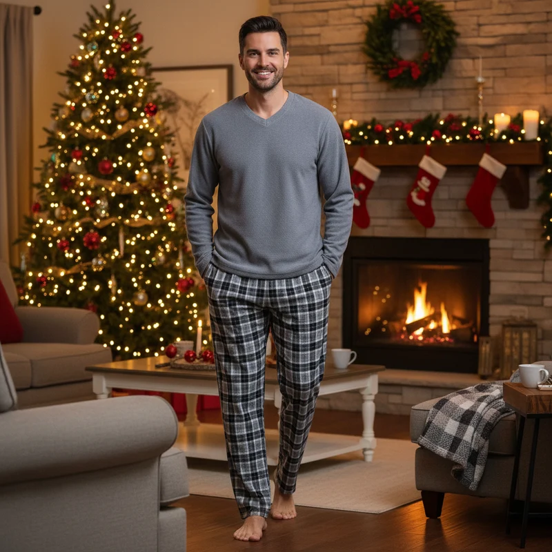 Herren-Fleece-Pyjama-Sets: Erleben Sie unvergleichlichen Komfort mit unserem kuscheligen grauen Oberteil und der schwarzen Baumwollhose.