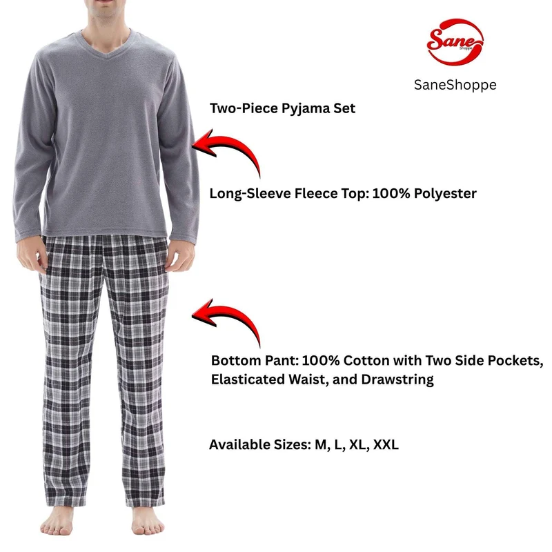 Herren-Fleece-Pyjama-Sets: Erleben Sie unvergleichlichen Komfort mit unserem kuscheligen grauen Oberteil und der schwarzen Baumwollhose.