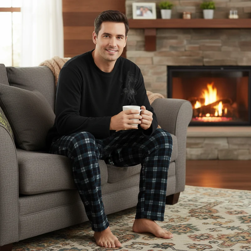 Herren-Fleece-Pyjama-Set: Gemütliche schwarze Langarm-Loungewear für ultimativen Komfort