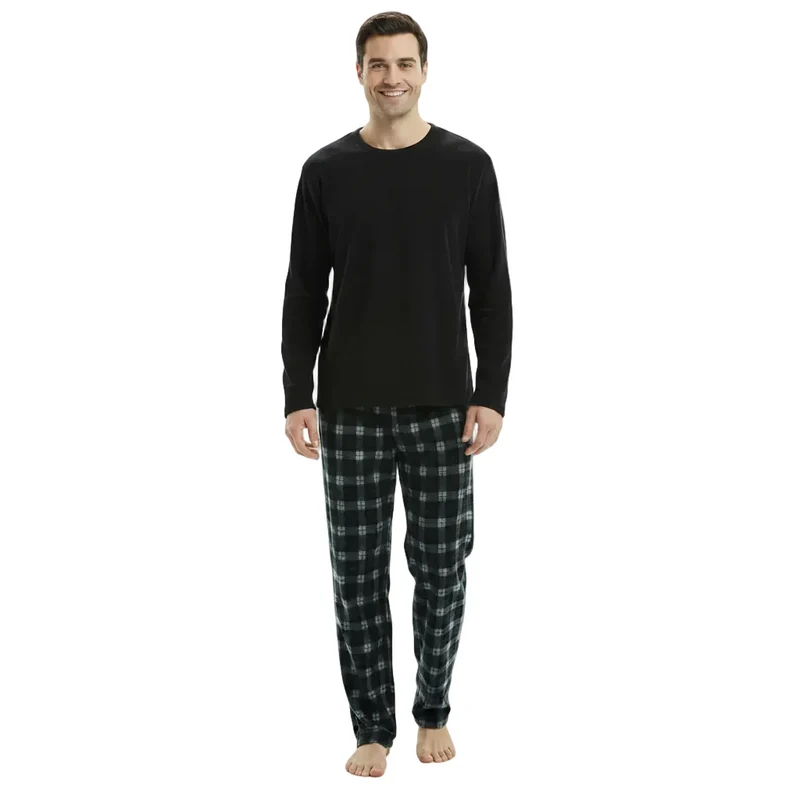 Herren-Fleece-Pyjama-Set: Gemütliche schwarze Langarm-Loungewear für ultimativen Komfort