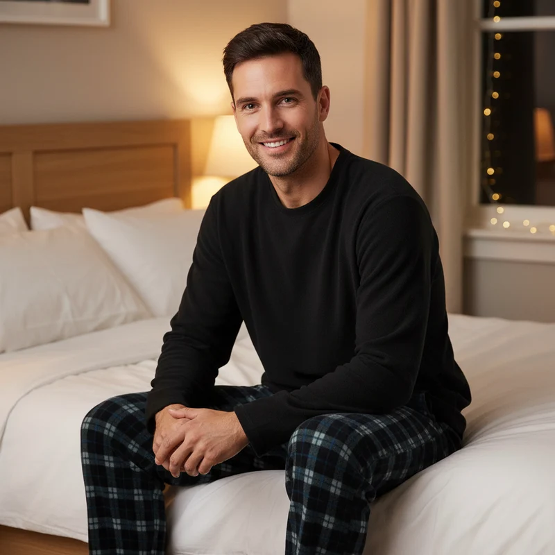 Herren-Fleece-Pyjama-Set: Gemütliche schwarze Langarm-Loungewear für ultimativen Komfort
