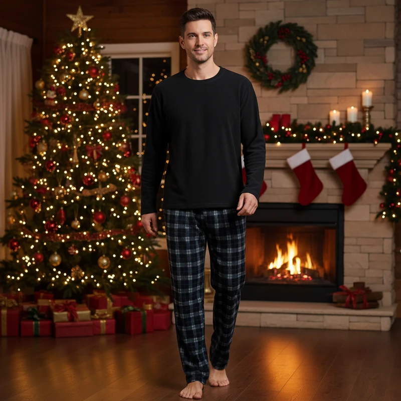 Herren-Fleece-Pyjama-Set: Gemütliche schwarze Langarm-Loungewear für ultimativen Komfort