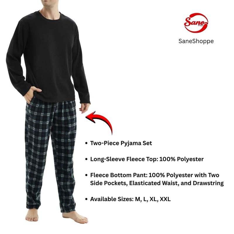Herren-Fleece-Pyjama-Set: Gemütliche schwarze Langarm-Loungewear für ultimativen Komfort