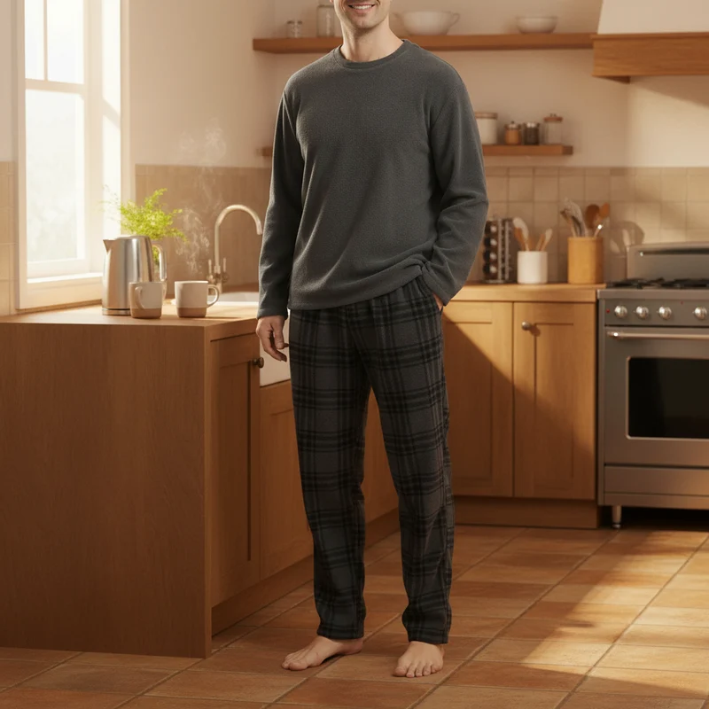 Kuscheliger Fleece-Pyjama für Herren – Ultimativer Komfort in stilvoller grauer Karo-Loungewear