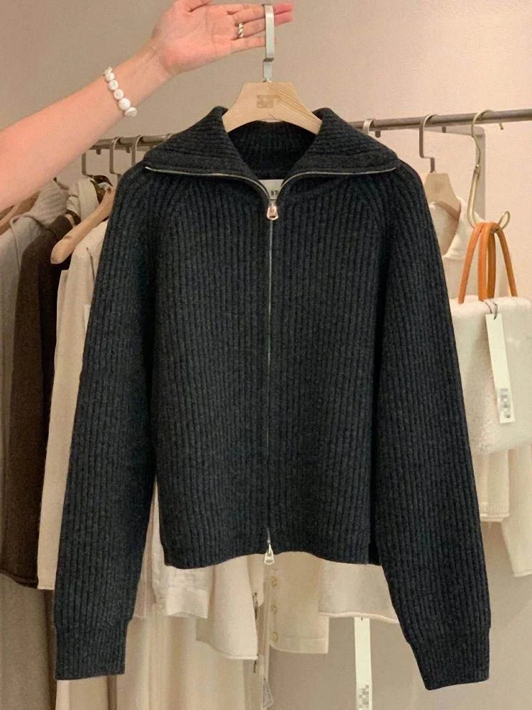Kaschmir-Cardigan mit Reißverschluss für Damen – 100 % reines, dickes Strickmaterial mit Revers für Herbst und Winter