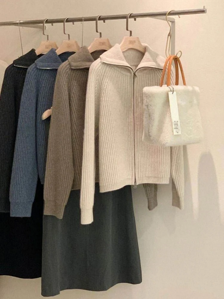 Kaschmir-Cardigan mit Reißverschluss für Damen – 100 % reines, dickes Strickmaterial mit Revers für Herbst und Winter