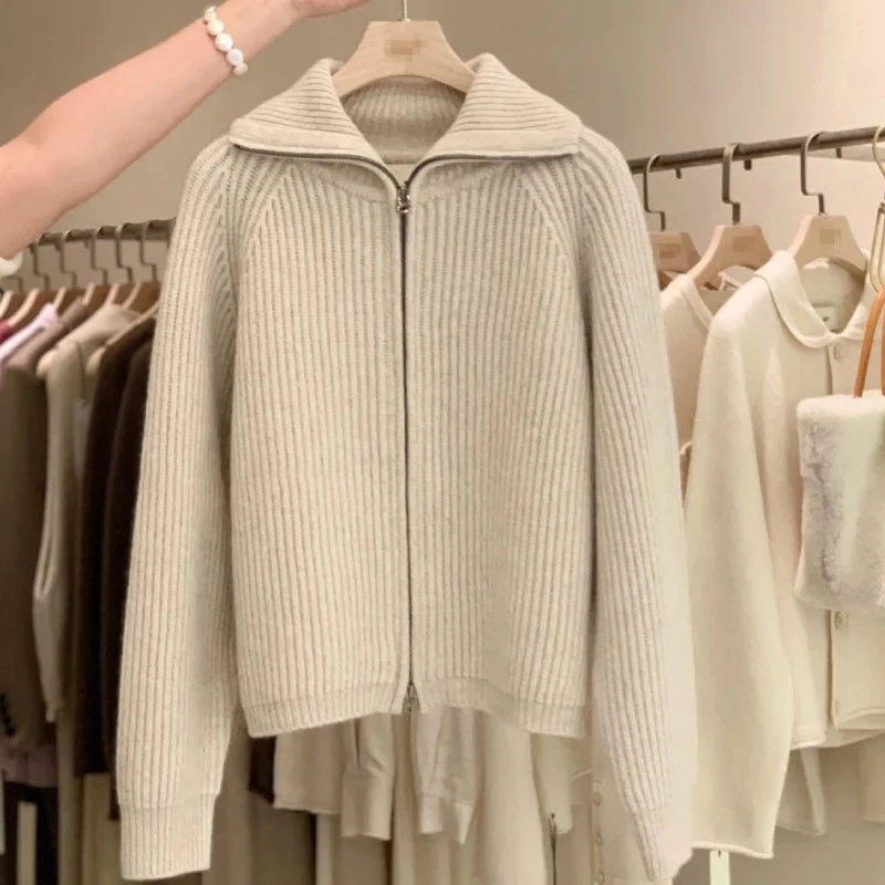 Kaschmir-Cardigan mit Reißverschluss für Damen – 100 % reines, dickes Strickmaterial mit Revers für Herbst und Winter