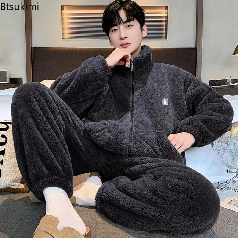 Plüsch-Loungewear-Pyjama für Herren – Hochgeschlossener, warmer Winter-Korallenfleece