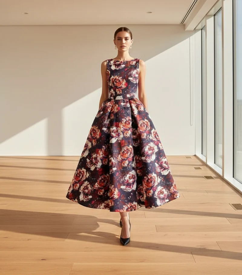 Elegantes Sommer-Abendkleid in großen Größen mit Blumenmuster – figurbetontes, ärmelloses A-Linien-Kleid für Damen.