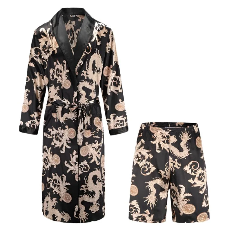 Herren-Pyjama-Set aus Satin: Langarmhemd und Hose aus Eisseide, Bademantel mit Tasche