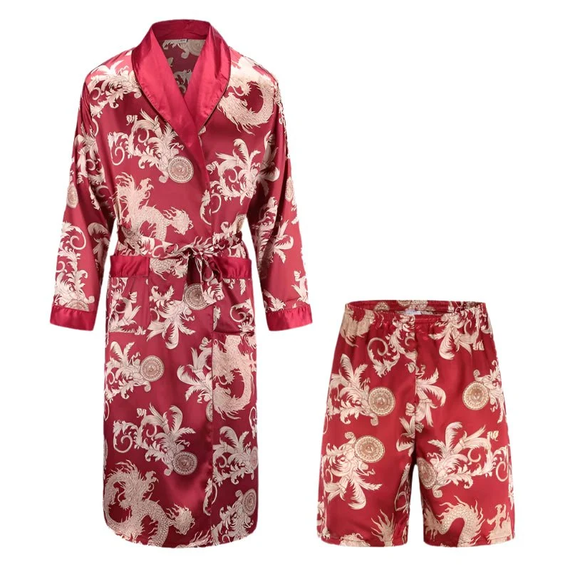 Herren-Pyjama-Set aus Satin: Langarmhemd und Hose aus Eisseide, Bademantel mit Tasche