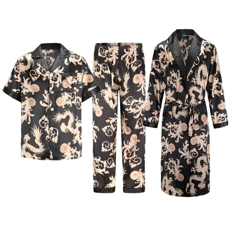 Herren-Pyjama-Set aus Satin: Langarmhemd und Hose aus Eisseide, Bademantel mit Tasche