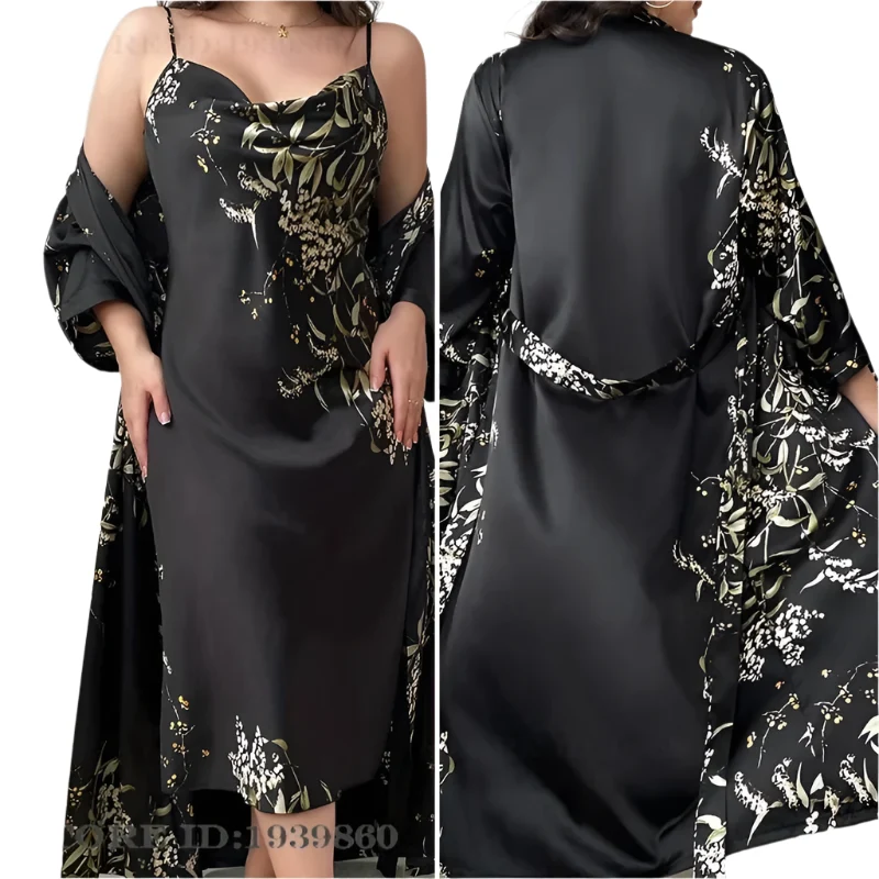 Damen-Bademantel-Set in Übergröße, 1- oder 2-teilig, langer Kimono-Bademantel/Nachthemd, Größen 3XL, 5XL