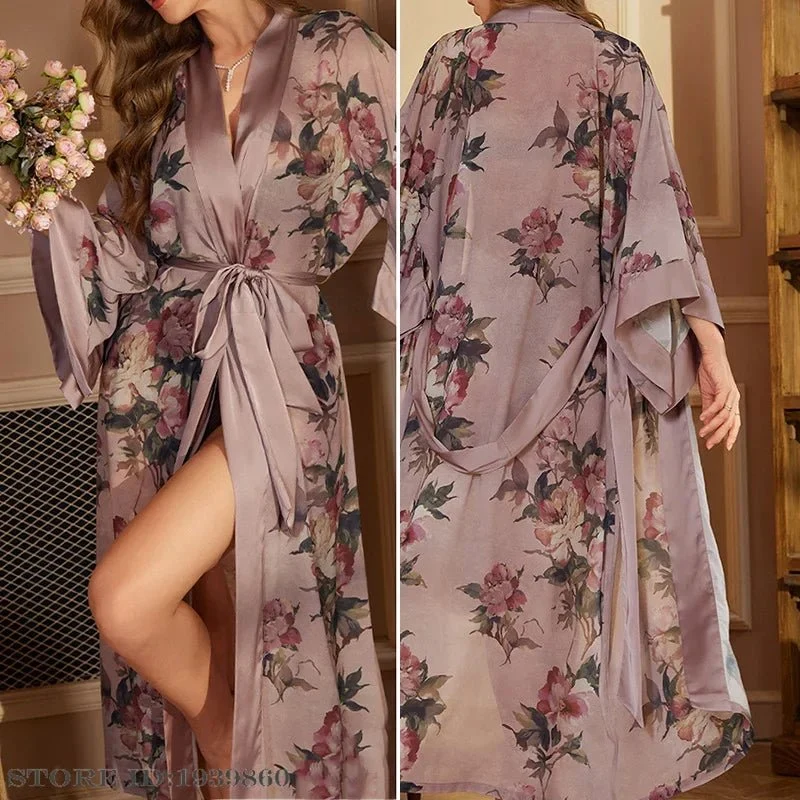 Satin-Bademantel in Übergröße, Kimono-Bademantel mit Blumenmuster