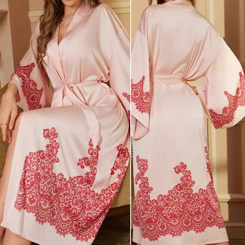 Satin-Bademantel in Übergröße, Kimono-Bademantel mit Blumenmuster