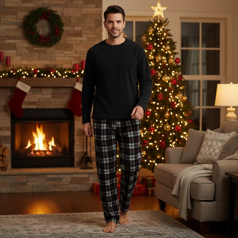 Kuscheln Sie sich ein in unser Herren-Thermo-Fleece-Pyjama-Set – stilvolles Design in Schwarz und Rot mit langen Ärmeln