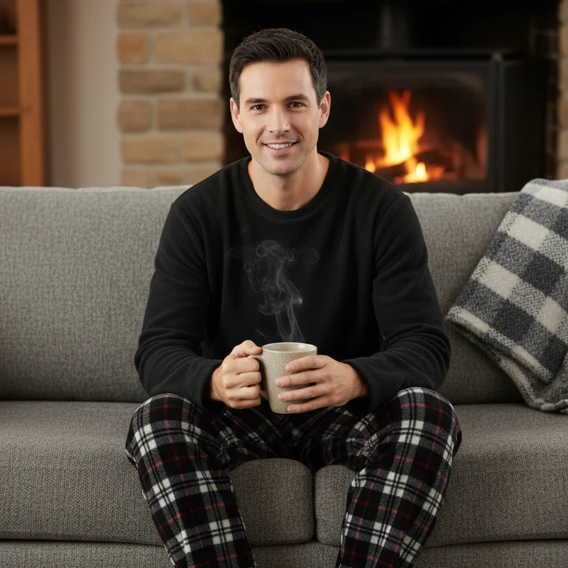 Kuscheln Sie sich ein in unser Herren-Thermo-Fleece-Pyjama-Set – stilvolles Design in Schwarz und Rot mit langen Ärmeln