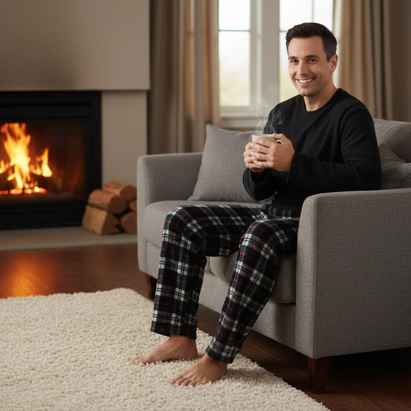 Kuscheln Sie sich ein in unser Herren-Thermo-Fleece-Pyjama-Set – stilvolles Design in Schwarz und Rot mit langen Ärmeln