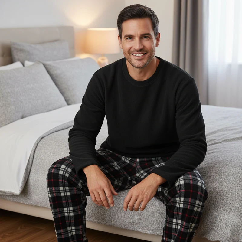 Kuscheln Sie sich ein in unser Herren-Thermo-Fleece-Pyjama-Set – stilvolles Design in Schwarz und Rot mit langen Ärmeln
