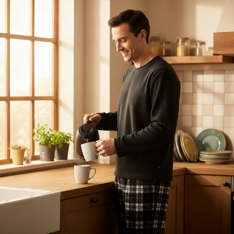 Kuscheln Sie sich ein in unser Herren-Thermo-Fleece-Pyjama-Set – stilvolles Design in Schwarz und Rot mit langen Ärmeln