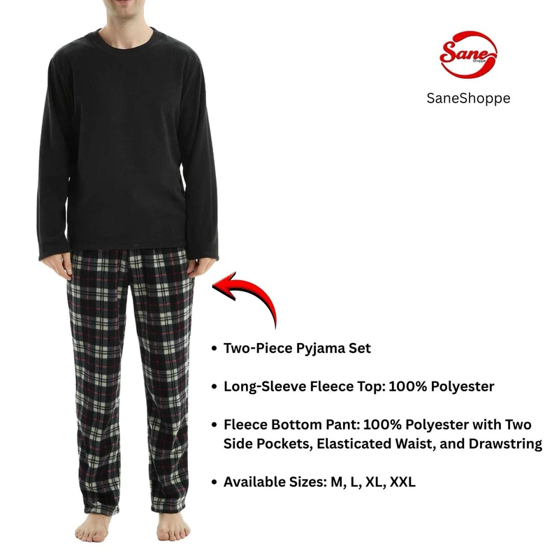 Kuscheln Sie sich ein in unser Herren-Thermo-Fleece-Pyjama-Set – stilvolles Design in Schwarz und Rot mit langen Ärmeln
