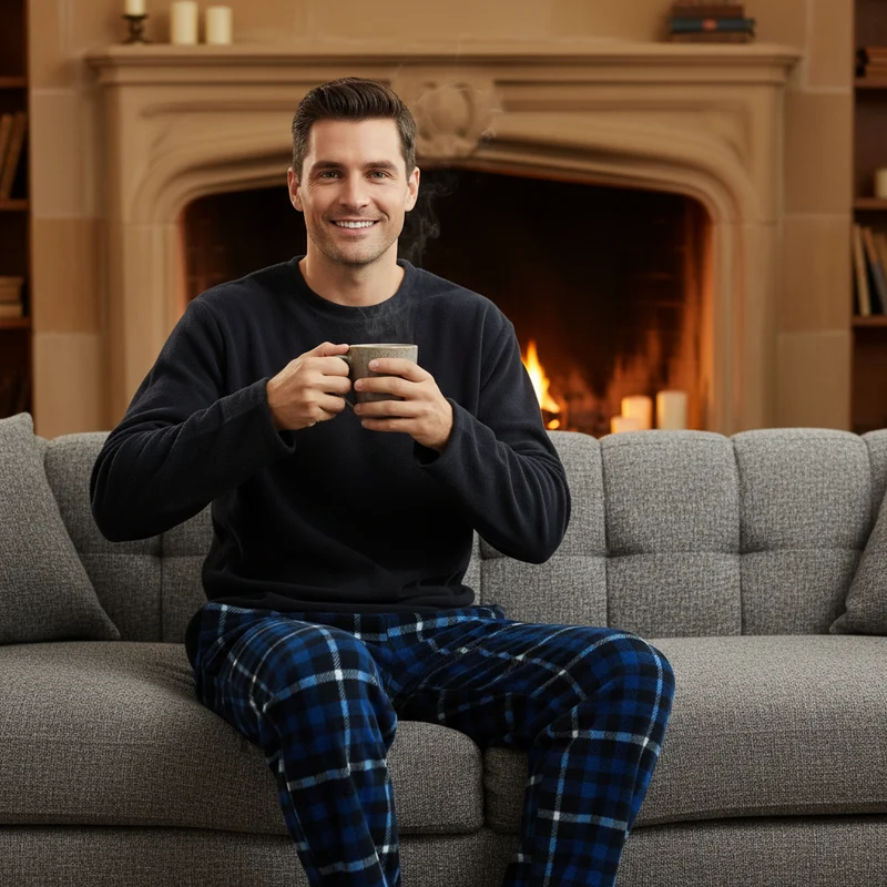 Herren-Fleece-Pyjama-Set: Stilvoll und gemütlich einkuscheln mit marineblau kariertem Fleece