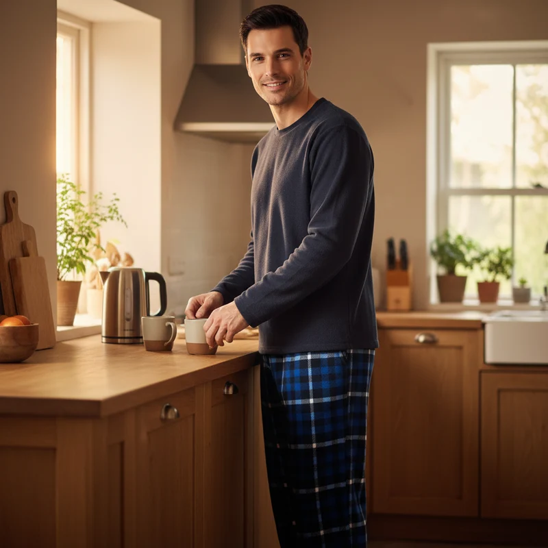 Herren-Fleece-Pyjama-Set: Stilvoll und gemütlich einkuscheln mit marineblau kariertem Fleece