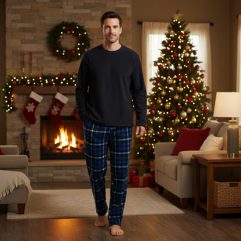 Herren-Fleece-Pyjama-Set: Stilvoll und gemütlich einkuscheln mit marineblau kariertem Fleece