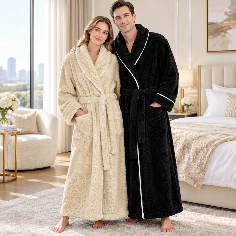 Oversized Fleece-Bademantel für Herren – Korallenfarbener Flanell-Kimono-Bademantel für Paare