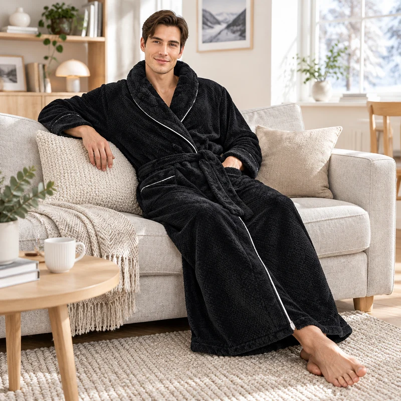Oversized Fleece-Bademantel für Herren – Korallenfarbener Flanell-Kimono-Bademantel für Paare