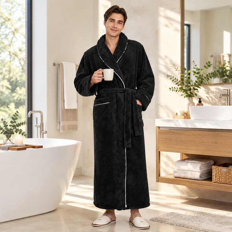 Oversized Fleece-Bademantel für Herren – Korallenfarbener Flanell-Kimono-Bademantel für Paare
