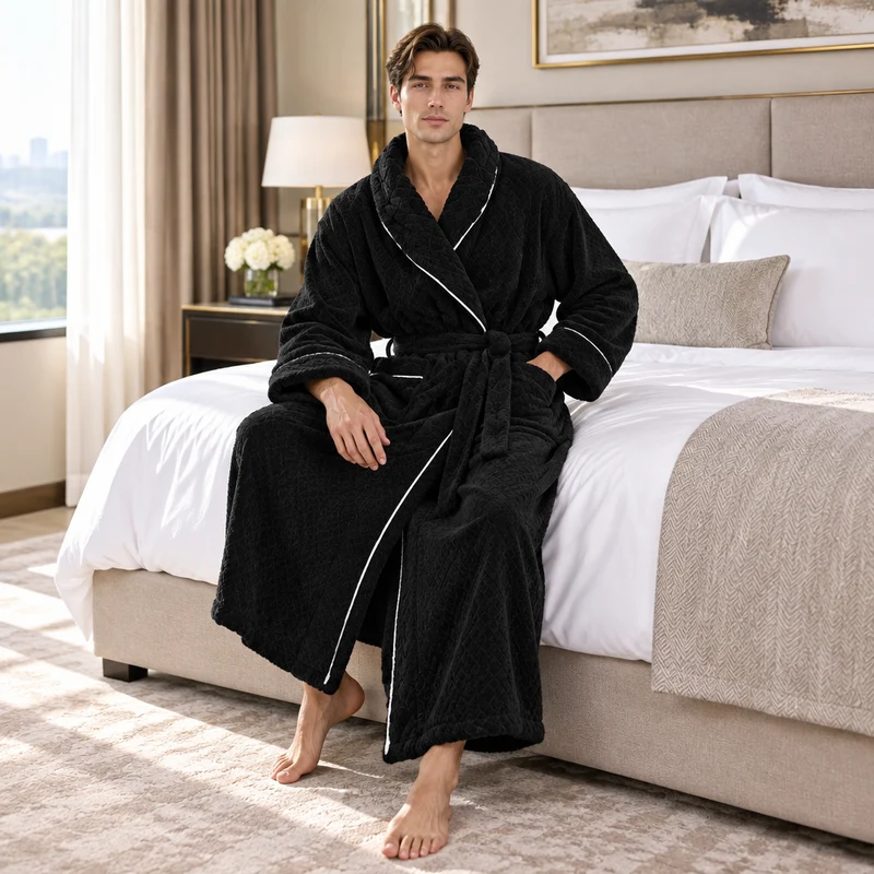 Oversized Fleece-Bademantel für Herren – Korallenfarbener Flanell-Kimono-Bademantel für Paare