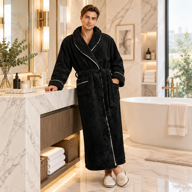Oversized Fleece-Bademantel für Herren – Korallenfarbener Flanell-Kimono-Bademantel für Paare