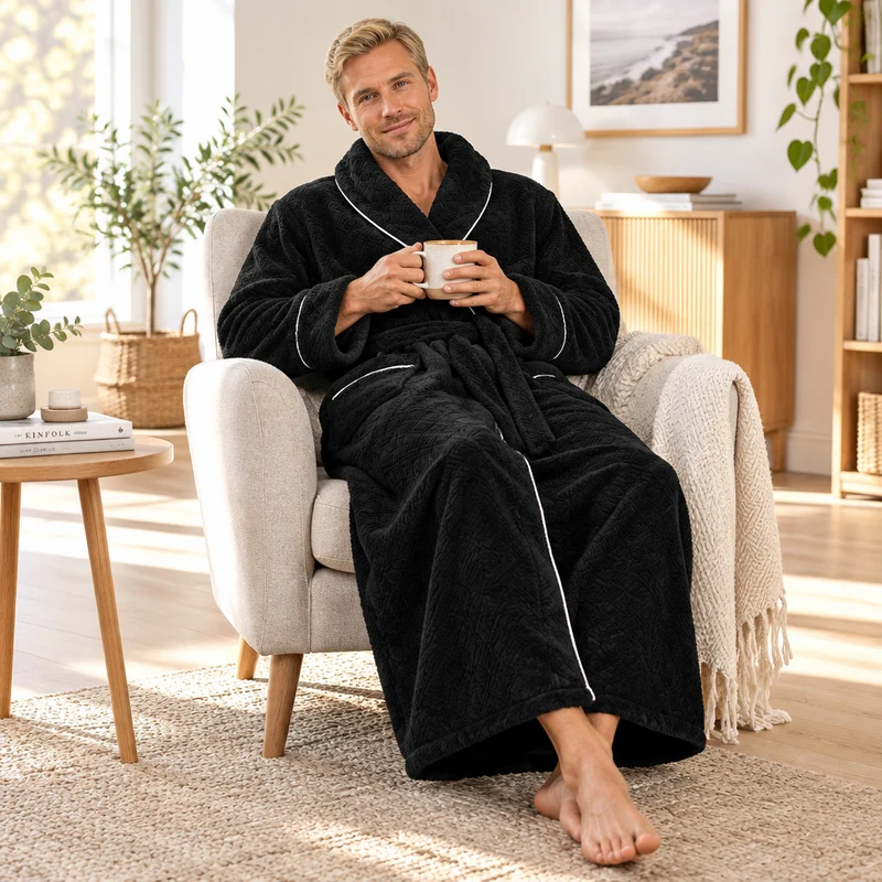Oversized Fleece-Bademantel für Herren – Korallenfarbener Flanell-Kimono-Bademantel für Paare