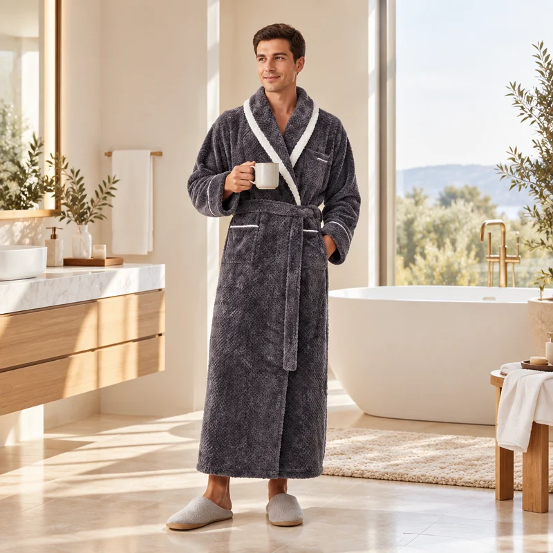 Oversized Fleece-Bademantel für Herren – Korallenfarbener Flanell-Kimono-Bademantel für Paare