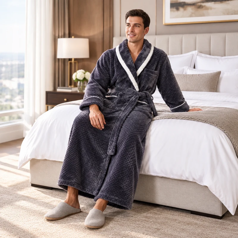 Oversized Fleece-Bademantel für Herren – Korallenfarbener Flanell-Kimono-Bademantel für Paare