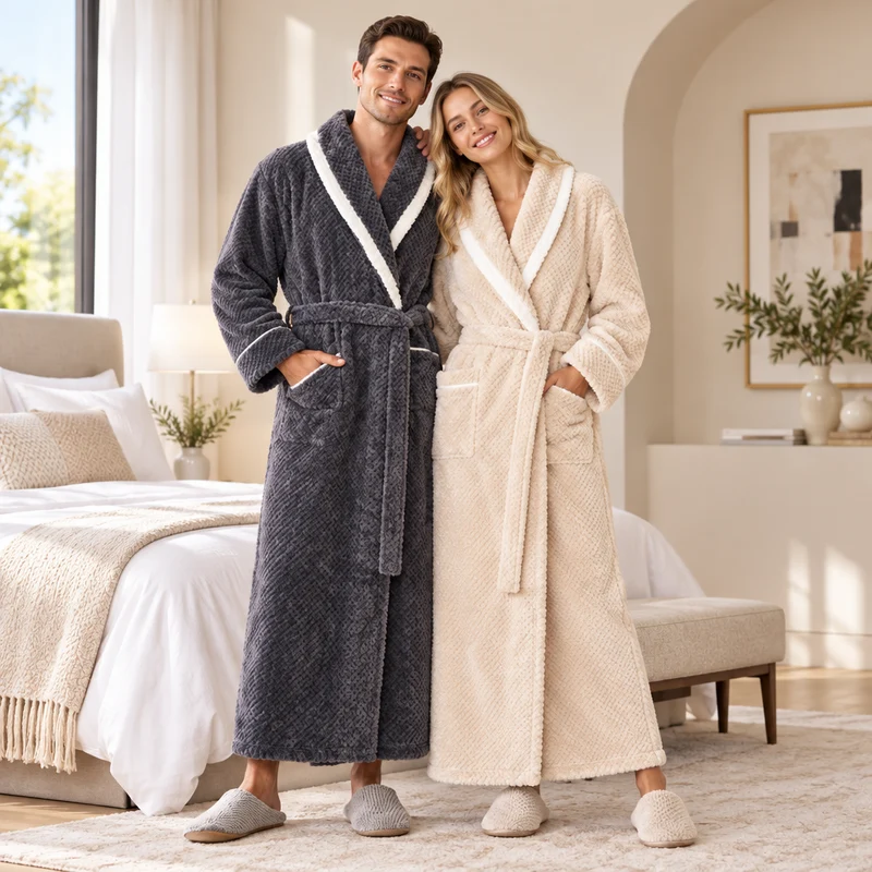 Oversized Fleece-Bademantel für Herren – Korallenfarbener Flanell-Kimono-Bademantel für Paare