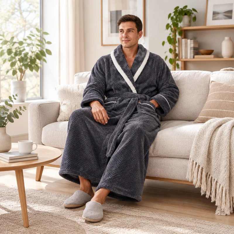 Oversized Fleece-Bademantel für Herren – Korallenfarbener Flanell-Kimono-Bademantel für Paare