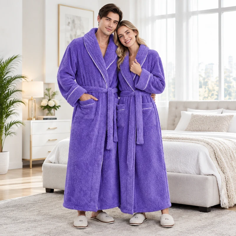 Oversized Fleece-Bademantel für Herren – Korallenfarbener Flanell-Kimono-Bademantel für Paare