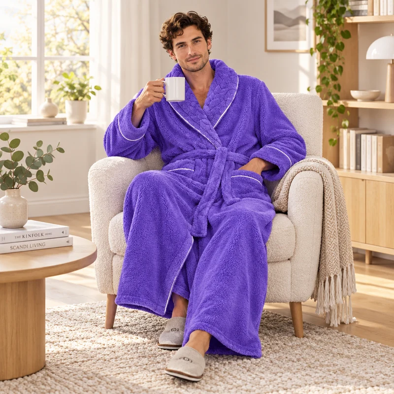 Oversized Fleece-Bademantel für Herren – Korallenfarbener Flanell-Kimono-Bademantel für Paare