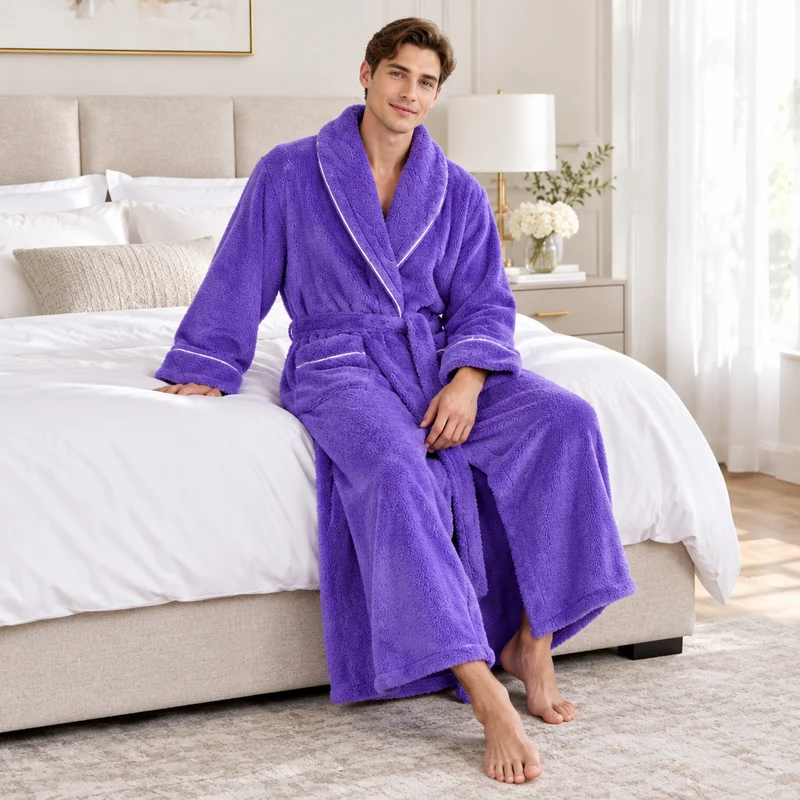 Oversized Fleece-Bademantel für Herren – Korallenfarbener Flanell-Kimono-Bademantel für Paare