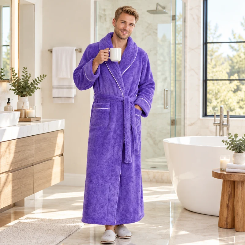 Oversized Fleece-Bademantel für Herren – Korallenfarbener Flanell-Kimono-Bademantel für Paare