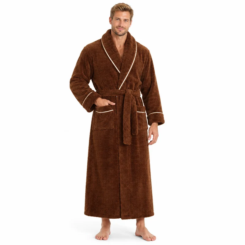 Oversized Fleece-Bademantel für Herren – Korallenfarbener Flanell-Kimono-Bademantel für Paare
