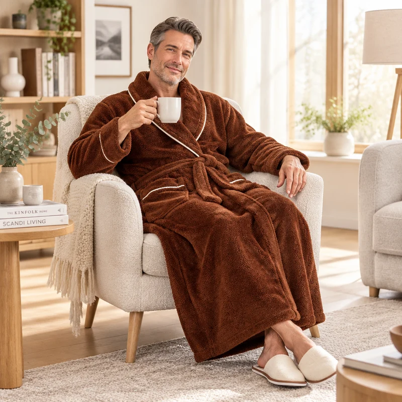 Oversized Fleece-Bademantel für Herren – Korallenfarbener Flanell-Kimono-Bademantel für Paare
