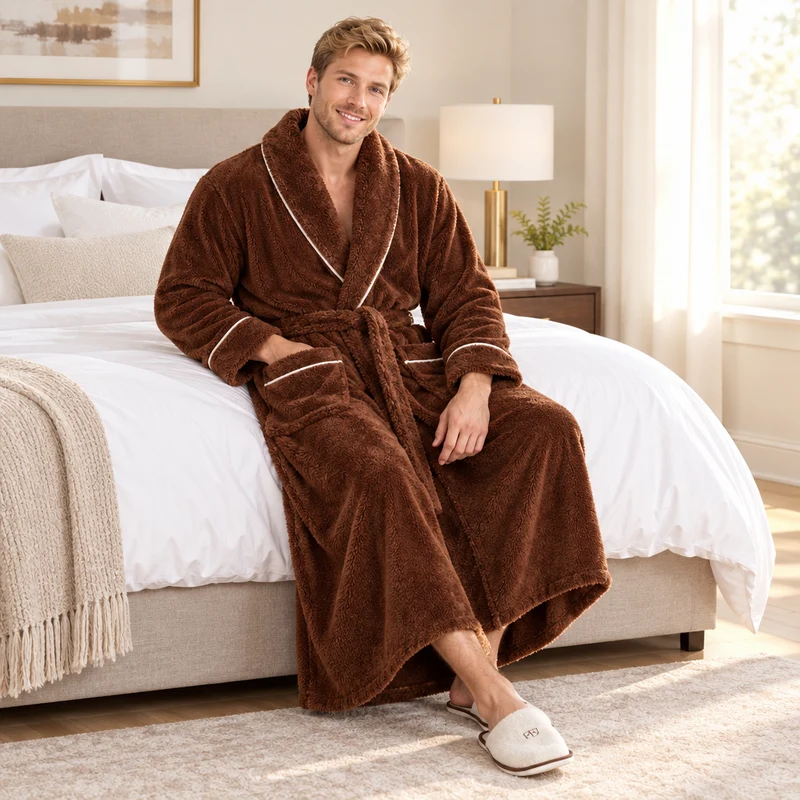Oversized Fleece-Bademantel für Herren – Korallenfarbener Flanell-Kimono-Bademantel für Paare