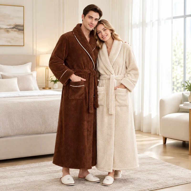 Oversized Fleece-Bademantel für Herren – Korallenfarbener Flanell-Kimono-Bademantel für Paare