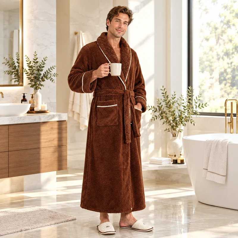 Oversized Fleece-Bademantel für Herren – Korallenfarbener Flanell-Kimono-Bademantel für Paare